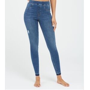 Spanx Distressed Raw Hem Dark Wash Skinny Jeans